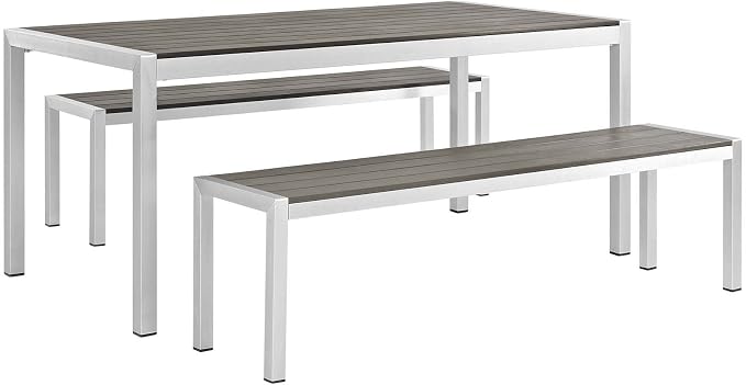 Modway Shore Aluminum Outdoor Patio 3-Piece Dining Set with 71" Rectangle Dining Table and Two 67" Benches in Silver Gray