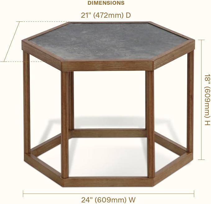Honeycomb Indoor/Outdoor Omni Table: Weather, Rust, Heat, and Stain Resistant, Flexible Design to Stand Alone or be Combined, Stylish Yet Sturdy, Grey Tile Top, Steel Frame with Oak Finish