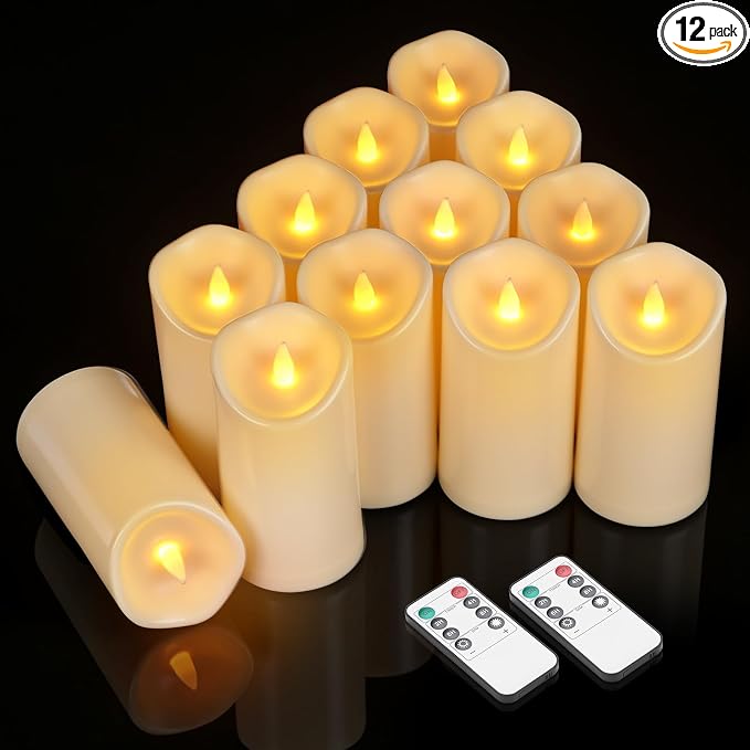 Bulk Set of 12 Outdoor Flameless Candles, Patented 3D Dual-LED Resin Pillars with 2 Remotes, Waterproof Non-Melting Battery Operated Wedding Aisle Decor, Ivory (D3 x H6)