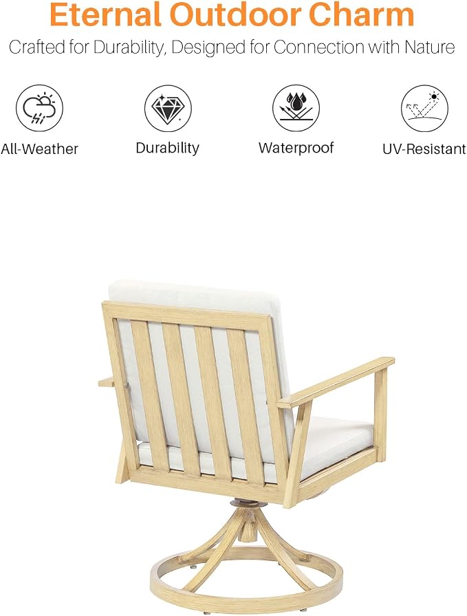 7 Pieces Outdoor Dining Set, Never-Rust Aluminum Patio Swivel Dining Set with Umbrella Hole, 360° Rotation Outdoor Patio Furniture Set, 6 Swivel Chairs and Table for Decks, Pool, Maple Wood