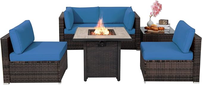 Tangkula 6 Piece Outdoor Rattan Sofa Set with 30in Propane Gas Fire Table, Ceramic Fire Tabletop, 50,000 BTU Heat Output, Cushions & Fire Pit Dust Cover, Patiojoy Weatherproof Wicker Set (Navy Blue)