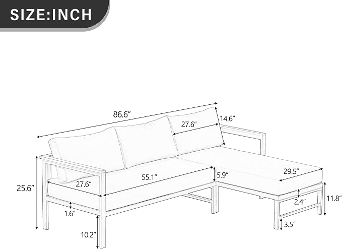 VilroCaz Outdoor L-Shaped Sectional Sofa with 5.9'' Ultra-Thick Cushions, All Weather Patio Conversation Set with Iron Frame for Balcony Garden (Gray-3.24)