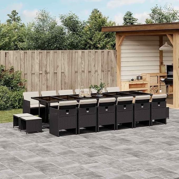 17-Piece Black Poly Rattan Garden Dining Set, 16-Seater Outdoor Table and Chairs Combination for Patio, Backyard and Terrace, Modern Large PE Wicker Conversation Furniture for Gathering