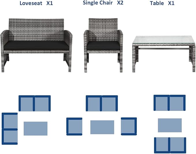 Outdoor Conversation Set, 4 Pieces Wicker Patio Furniture Set with Ergonomic Curved Design, Patio Chair Set with Water-Resistant Cushion & Tempered Glass Table for Balcony,Porch(Black)