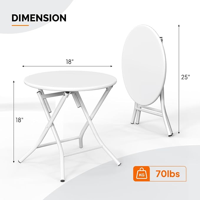 VINGLI Patio Metal Folding Side Table, Portable Small Outdoor Folding Round Table, Perfect for Indoor and Outdoor Spaces Like Balconies, Backyards, Porches, and Patios.White（1 Pack）