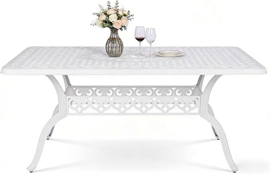 MEETWARM 60"x36" Cast Aluminum Patio Dining Table, Weather-Resistant Large Outdoor Dining Table for 6-8 Person, Patio Furniture Rectangular Table with Umbrella Hole and Adjustable Foot Pads, White
