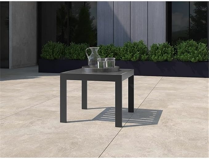 Pemberly Row Contemporary Outdoor Side Table, Gray Gunmetal Finish, Aluminum Frame, Slatted Weather-Resistant Top, Durable Design, Modern Industrial Patio Table for Outdoor Spaces