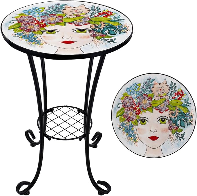 Mosaic Outdoor Side Table Small Round Patio Table Plant Stand | 21" Accent End Table with 14" Ceramic Tile Top for Small Spaces Porch Pool Garden Decor Indoor Living Room Bedroom Balcony