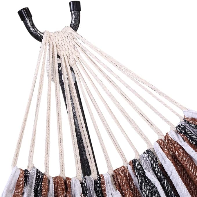 9 Ft Portable Outdoor Hammock Set with Iron Stand, Heavy Duty 2-Person, Polyester, for Backyard and Camping (Coffee)