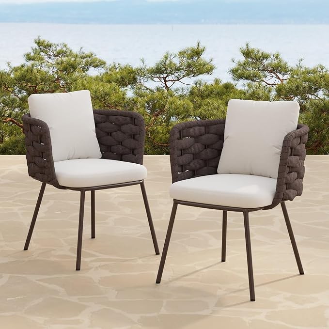 7-Piece Outdoor Dining Set - 70.9'' Sintered Stone Top Dining Table with 6 Rope Woven Armchairs, Aluminum Frame, and Cushions for Patio, Garden, and Outdoor Dining