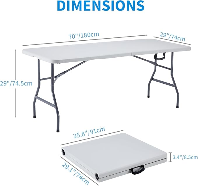 KAIHAOWIN Plastic Folding Table-6ft Fold in Half Picnic Table with Carrying Handle for Indoor Outdoor Camping Wedding Banquet Party-White