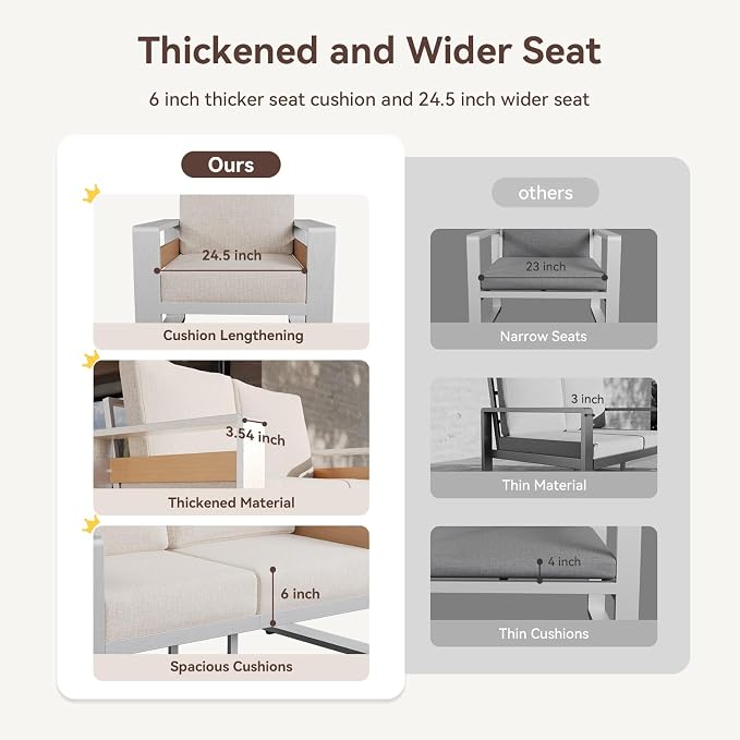 Aoxun Aluminum Patio Furniture Set, 5 Seats Luxury Metal Patio Conversation Sets with Coffee Table, 6'' Thick Cushions and 3-Seat Sofa, Sectional Outdoor Furniture Set for Backyard/Poolside, Beige