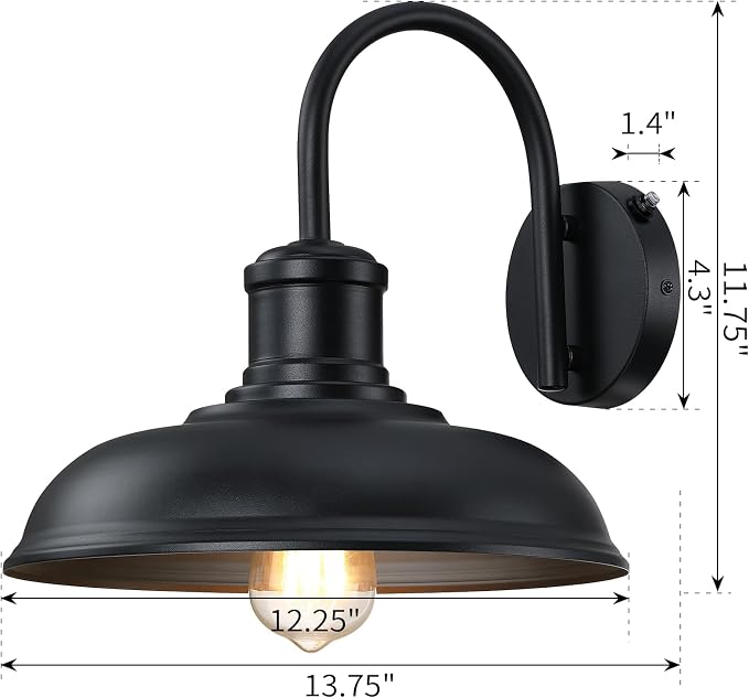 12'' Diameter Dusk to Dawn Outdoor Gooseneck Barn Light, Black | Large Exterior Lighting Fixture, Outdoor Wall Sconce Farmhouse Industrial Wall Lantern for Porch, Garage, Black, 2 Packs