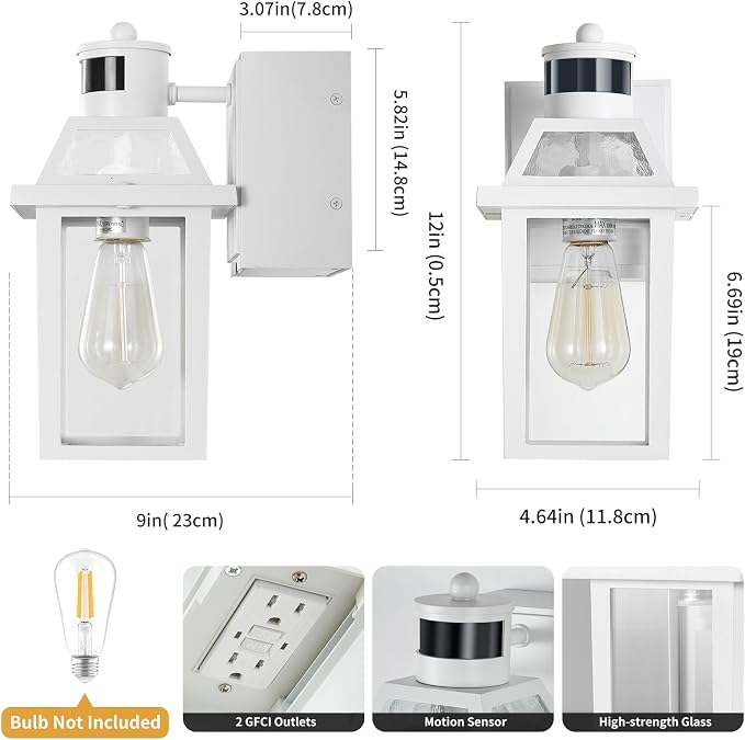 Yisuro Porch Lights with GFCI Outlet, Dusk to Dawn Motion Sensor Outdoor Light, 3 Lighting Modes Exterior Fixture, Outside for House Front Door Patio Garage(2 Pack White)