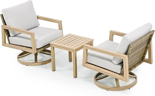 HAPPATIO 3-Piece Patio Swivel Chair - 2 Aluminum Outdoor Bistro Set with Wicker Backrest and Woodgrain-Textured Side Table, Rustic Outdoor Conversation Set with Cushions for Garden Balcony Deck Porch