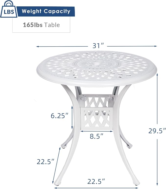 31 Inch Outdoor Dining Table Round Patio Bistro Table Bronze Cast Aluminum Rustic Large Table with Umbrella Hole, White