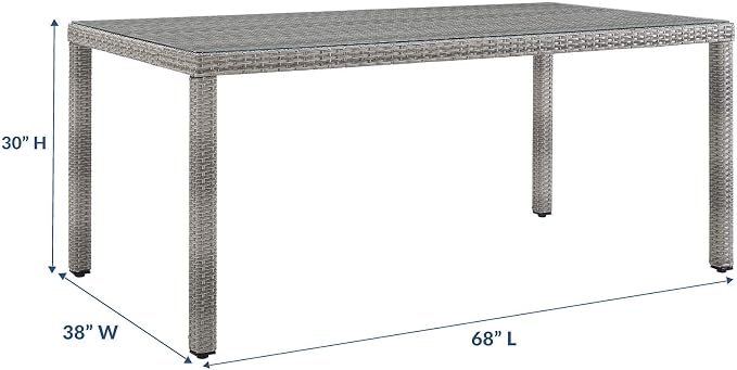 Modway Aura Wicker Rattan Glass Outdoor Patio 68" Rectangular Dining Table in Gray