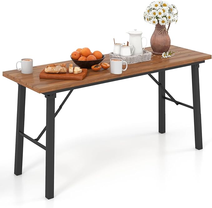 HAPPYGRILL Folding Picnic Table Acacia Wood Dining Table with Metal Frame, Portable Camping BBQ Table, Rectangular Dining Table for Indoor Outdoor Activities Garden Yard Patio