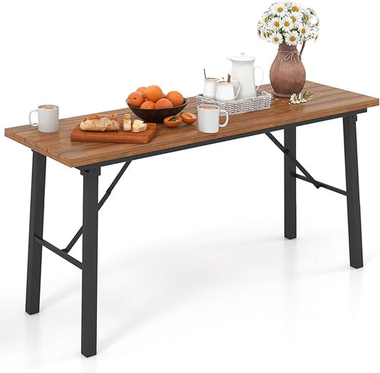 HAPPYGRILL Folding Picnic Table Acacia Wood Dining Table with Metal Frame, Portable Camping BBQ Table, Rectangular Dining Table for Indoor Outdoor Activities Garden Yard Patio