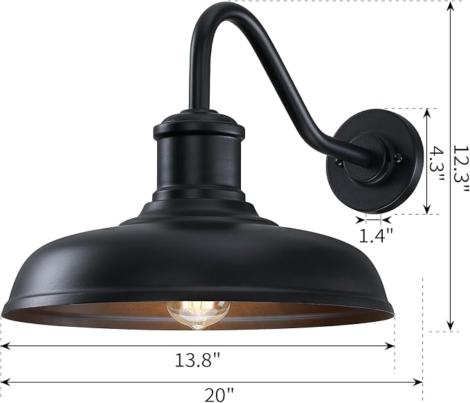 13.8'' Diameter Large Outdoor Gooseneck Barn Light 2 Packs, Black | Outdoor Wall Sconce Farmhouse Exterior Lighting Fixture Industrial Outside Lantern for Porch, Garage (No Sensor)