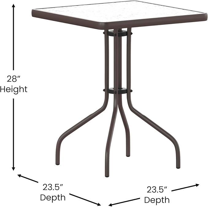 EMMA + OLIVER Benji Patio Dining Table - Bronze Metal Frame - 23.5" Square Tempered Glass Top - Suitable for Indoor/Outdoor Use