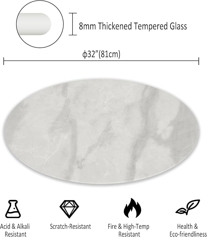 32“ Round Tempered Glass Table Top, Marble Glass Surface Protector Heat & Scratch Resistant Multipurpose for Dining, Coffee, Restaurant, Office and End Table (Grey Marble Pattern, 32 Inch)