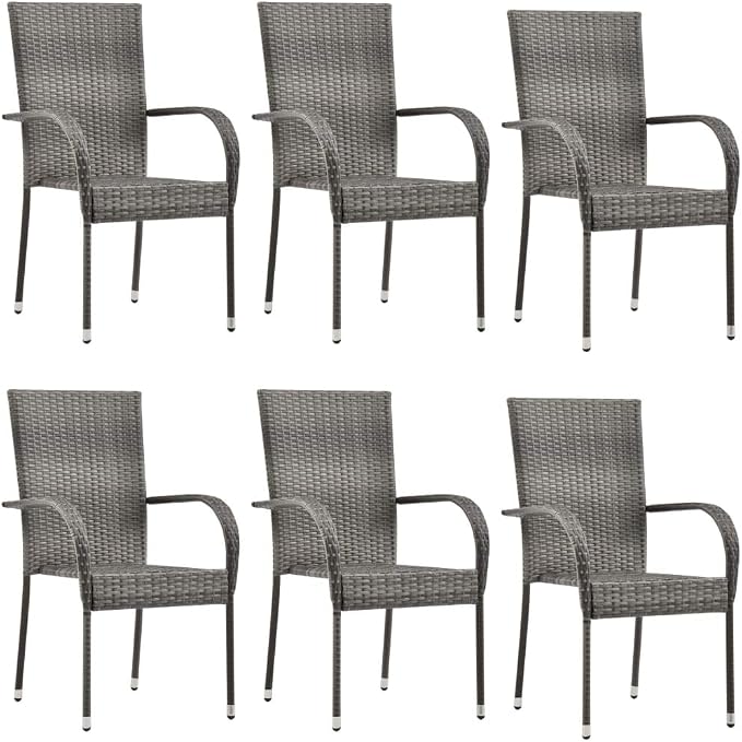 7 Piece Patio Dining Set Gray Poly Rattan Outdoor Furniture with Tempered Glass Table and 6 Stackable Chairs for Garden Backyard Deck
