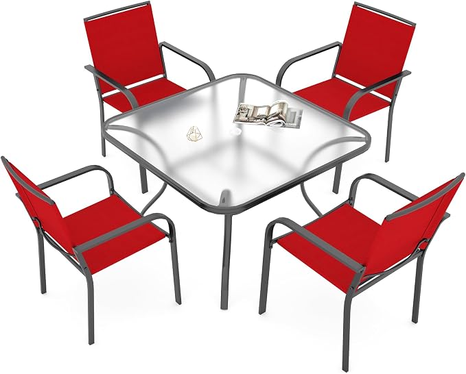5 Piece Outdoor Patio Dining Set with 37" Square Glass Table, Red Chairs | 4 Piece Stackable Chairs Textilene Seat and Back, Table & Chair with Metal Frame, Square Glass Table Top, 1.7" Umbrella Hole