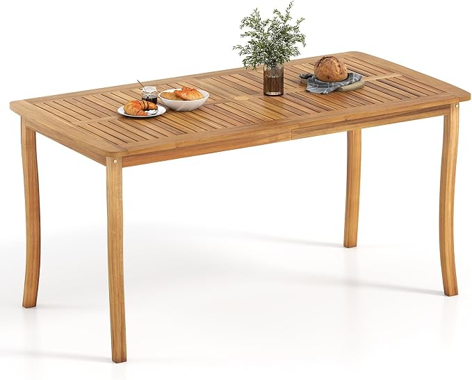 RELAX4LIFE 63’’ Wooden Outdoor Dining Table - Acacia Wood Rectangular Patio Table for 4-6 People w/Umbrella Hole & Slatted Tabletop, Farmhouse Furniture for Pool Backyard Garden Porch (Curved Leg)