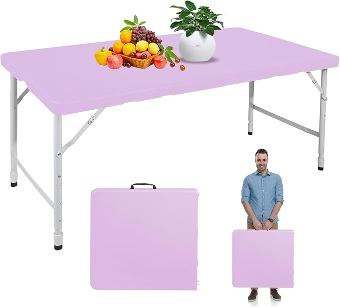 Portable 4Ft Folding Table, Heavy Duty Plastic Fold-in-Half Utility Foldable Table, Adjustable Height Plastic Folding Table with Carrying Handle for Camping &Party Indoor/Outdoor(Light Purple)