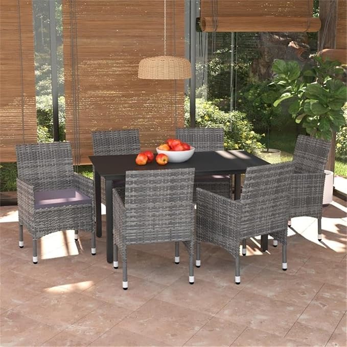BOWERY HILL Contemporary Glass 7 Piece Patio Dining Set, Weather-Resistant Gray PE Rattan, Rectangular Table with Cushioned Seats, Matte Finish, Seating for 6, Outdoor Garden Furniture
