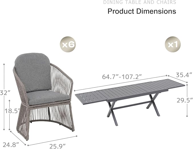 SUNSITT 7 Piece Outdoor Patio Dining Set, 65" - 107" Metal Expandable Outdoor Dining Table with X-Shape Legs, 6 Woven Wicker Outdoor Patio Chairs w/Curved Armrest for Garden, Dark Grey