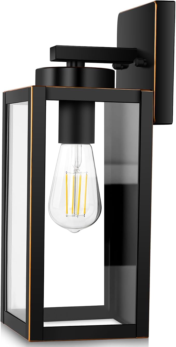 BesLowe Outdoor Wall Light, Modern Porch Sconce, Black with Gold Trim | Waterproof, Rust-Resistant, Durable Metal with Clear Glass, Standard E26 Socket, Easy to Install