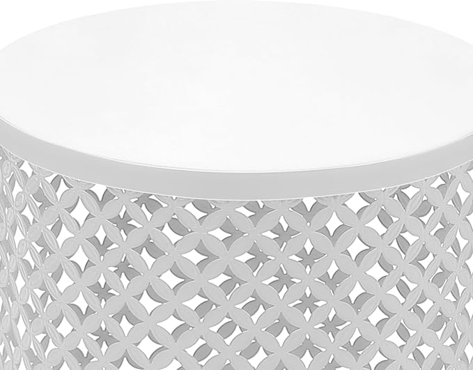 2 Pcs Metal Outdoor Side Table Set, Space-Saving Accent Table with Vintage Openwork Design, Modern Round End Table for Patio, Balcony, Living Room (White)