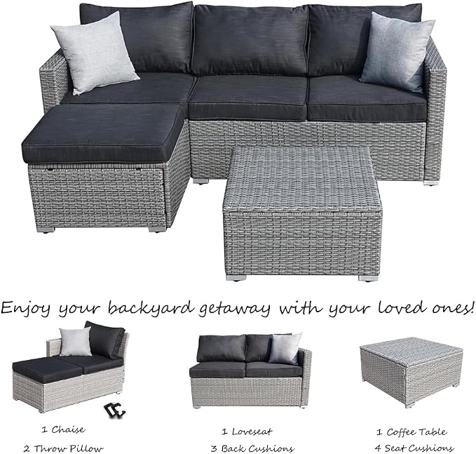 Suntone 3 Pieces Patio Furniture Sets Outdoor Sectional Patio Sofa All-Weather Grey Wicker Sofa Small Patio Conversation Set Patio Couch with Washable Black Cushion and Glass Table