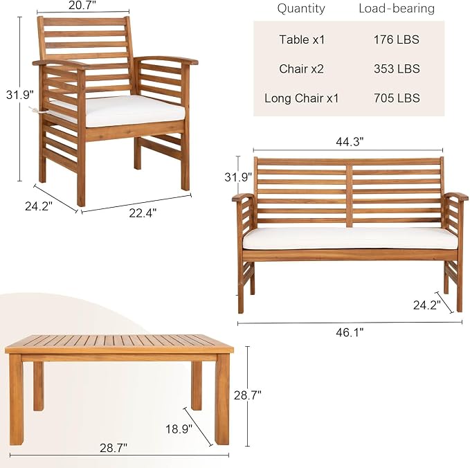 Outdoor Wood Sofa Set Patio Conversation Sets Acacia Patio Sofas Set with Thick and Soft Cushions Easy to Assemble Patio Furniture Set Natural Acacia Wood Compact and Sturdy Design Furniture Set