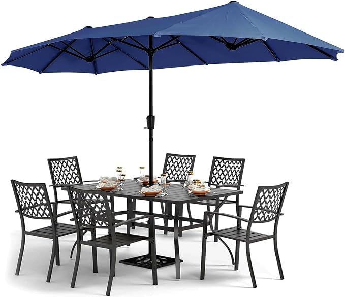 PHI VILLA 8 Pcs Patio Outdoor Dining Set w/ 13ft Double-Sided Patio Umbrella