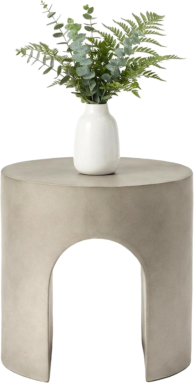 HOMPUS Outdoor Side Table, Concrete End Table w Arch Design, Round Patio MgO Coffee Lightweight Table, Modern Accent Stone Garden Stool for Indoor Outdoor Use, Gray