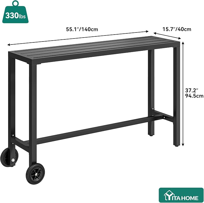 YITAHOME Outdoor Bar Table, 55" Narrow Metal Patio Bar Height Table, Rectangle Console Table with Wheels, Tall Counter for Garden Poolside, Black