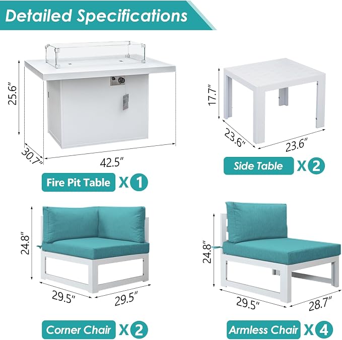 RADIATA 9 Piece Large Modern Aluminum Outdoor Patio Furniture Set with Fire Pit Table Propane/Gas, 29 inch Wide Deep Seat, Anti-Rust Comfy Sectional Sofa, 500 lbs Sturdy Conversation Set, Turquoise