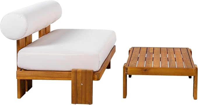 Merax 2 Piece Patio Loveseat & Coffee Table Set with Acacia Wood Frame, Waterproof Cushions & Round Backrest for Garden, Deck & Balcony, Beige+Teak