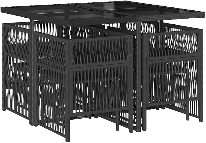 9 Piece Outdoor Dining Set Black and Cream Rattan Patio Furniture Set with Rectangular Table Chairs and Stools Space Saving Garden Conversation Set for 8 People