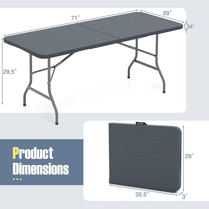 Goplus 6 FT 3-Piece Portable Picnic Table Bench Set, HDPE Wood-Like Plastic Folding Picnic Tables with Benches, Foldable Patio Camping Beer Table, Indoor & Outdoor Folding Table and Chairs