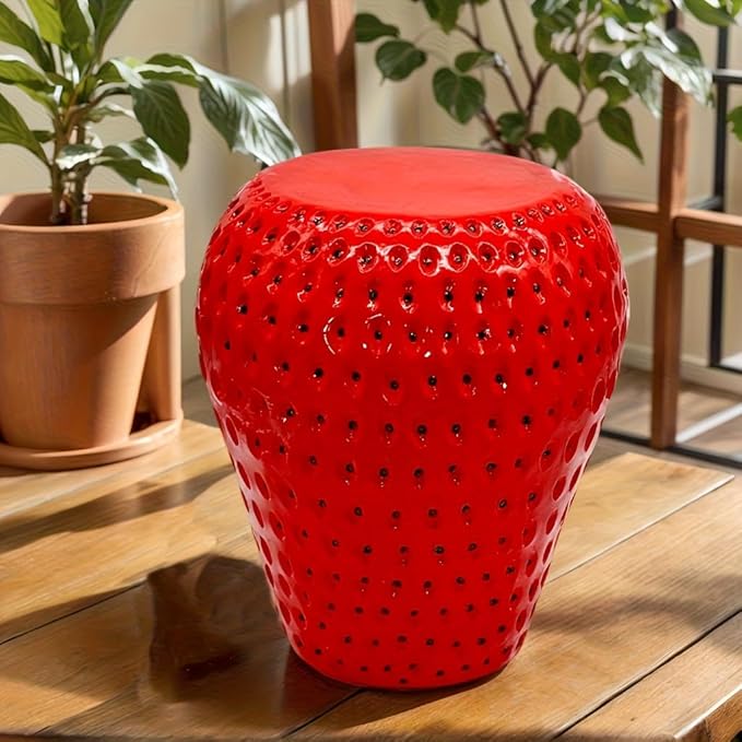 13.4" Strawberry Outdoor Garden Stool, Funky Fruit Side Table Indoor, Vibrant Table Home Decor Plant Stand Garden Indoor Outdoor Decorations