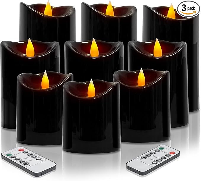 3 Pack Flameless Candles with Remote & Timer Ivory Outdoor Waterproof Led Pillar Candles(D3“x H 4”/5”/6”), Battery Operated Candles for Home & Holiday Party Decor (Black, 9 Pack)