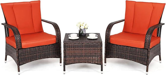 Tangkula 3 Piece Patio Furniture Set, 2 Wicker Chairs with Glass Top Coffee Table, Outdoor Garden Porch Poolside Furniture Set for 2, Rattan Conversation Set