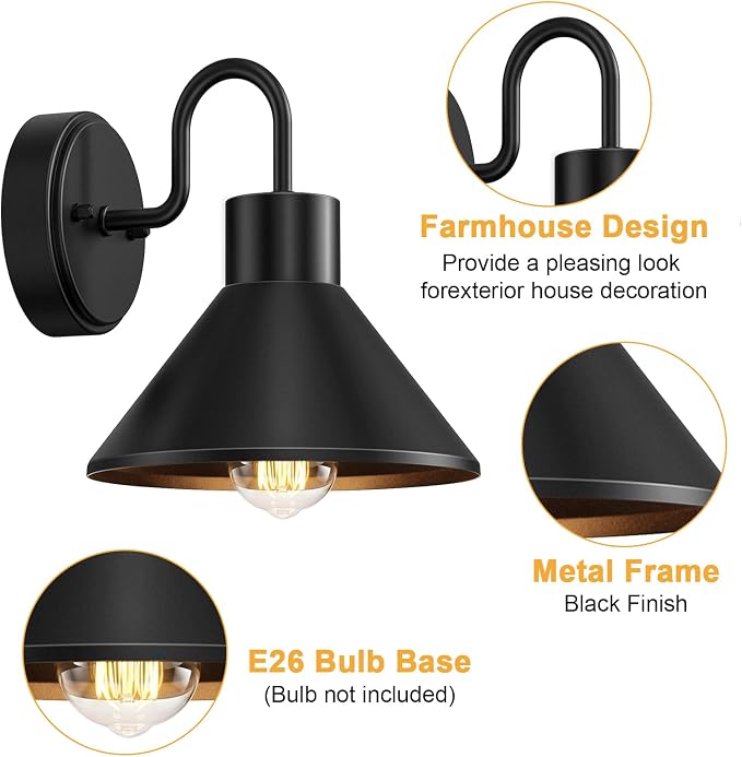 Lamomo 2-Pack Gooseneck Outdoor Barn Light, Black Wall Sconces Waterproof | 8" Vintage Farmhouse Exterior Lighting Fixture, Outside Rustproof Porch Light Outdoor for House Garage Entryway Patio Shed