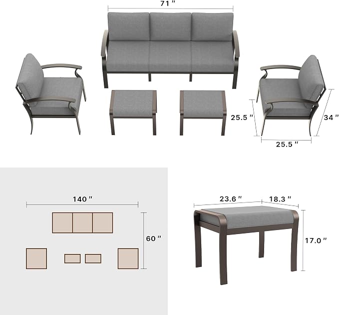 Gotland Aluminum Patio Furniture Set, Metal Outdoor Furniture with 2 Ottomans 5.1’’ High-Resilience Seat Cushions, 5 Piece Patio Set, Oversized Outdoor Sectional Patio Conversation Sets, Gray