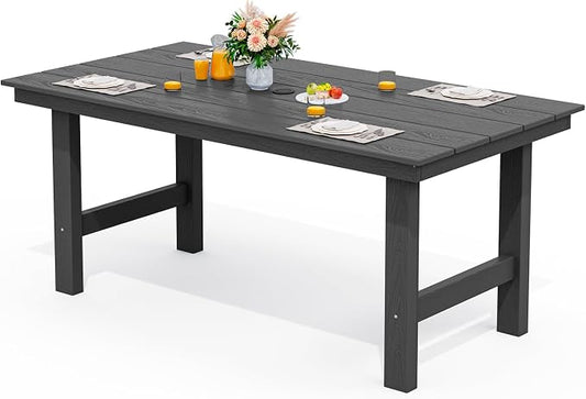 SERWALL 67" Rectangle Outdoor Dining Table for 6, Black | Patio Dining Table with an umbrella hole, HDPE Outdoor Dining Table which can holds up to 220LBS