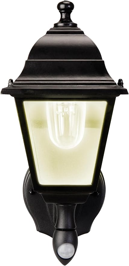 MAXSA 43319 Battery-Run Motion-Activated Outdoor Metal Wall Sconce Black | Metal and Glass Battery-Powered, No Wiring Needed, 13 x 8.5 x 6" Automatic Operation, Easy Installation Black Warm White LEDs